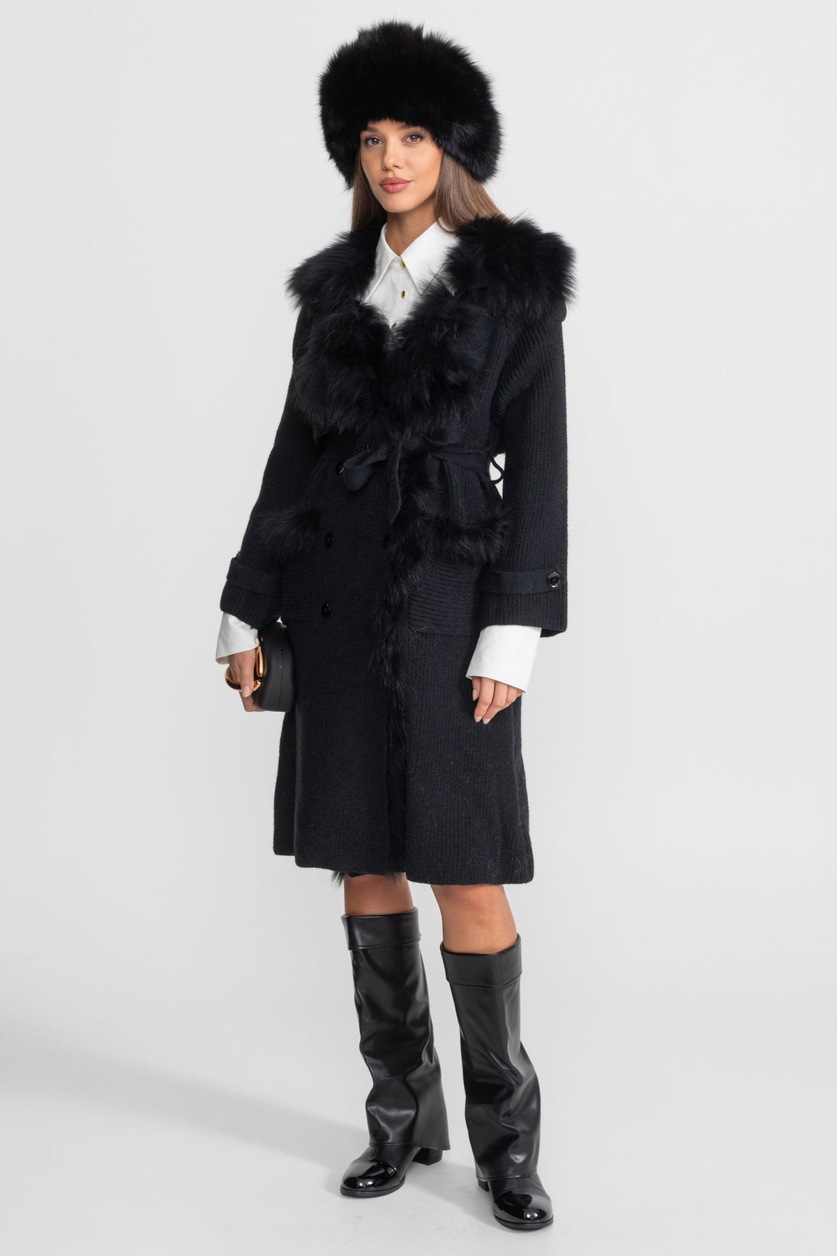 Double-Breasted Wool Knit Belted Overcoat with Collar Trim – Black – view 5