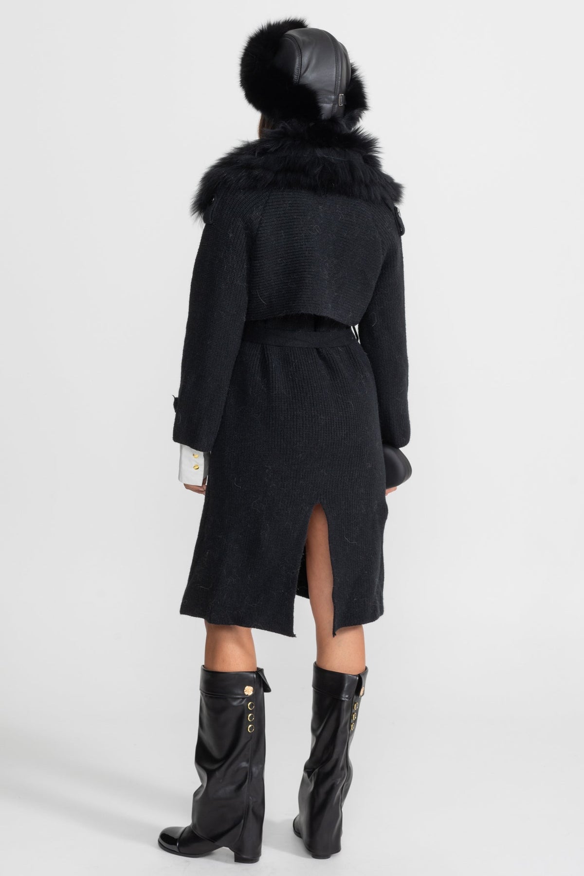 Double-Breasted Wool Knit Belted Overcoat with Collar Trim – Black – view 6