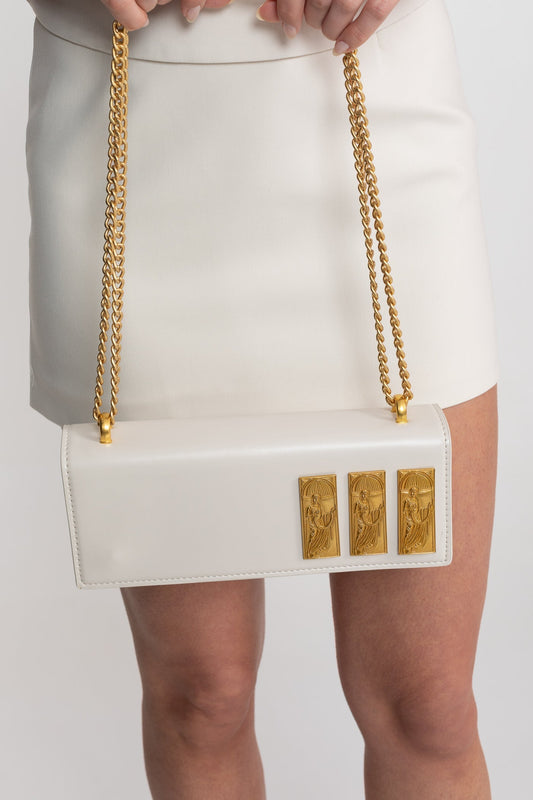 Structured Chain Shoulder Bag with Gold Embossed Plaques – White