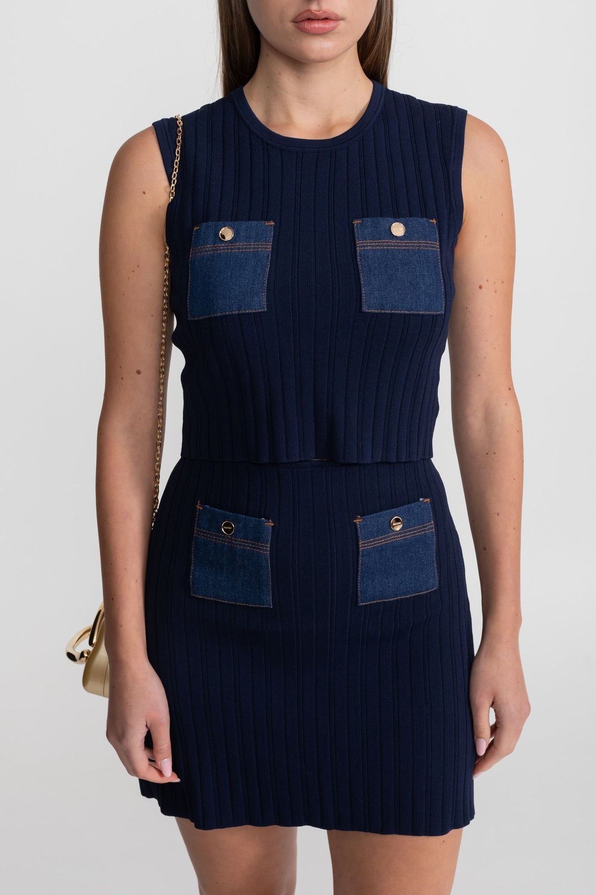 Ribbed Knit Crop Top and Mini Skirt Set with Denim Pockets – Dark Blue – view 5