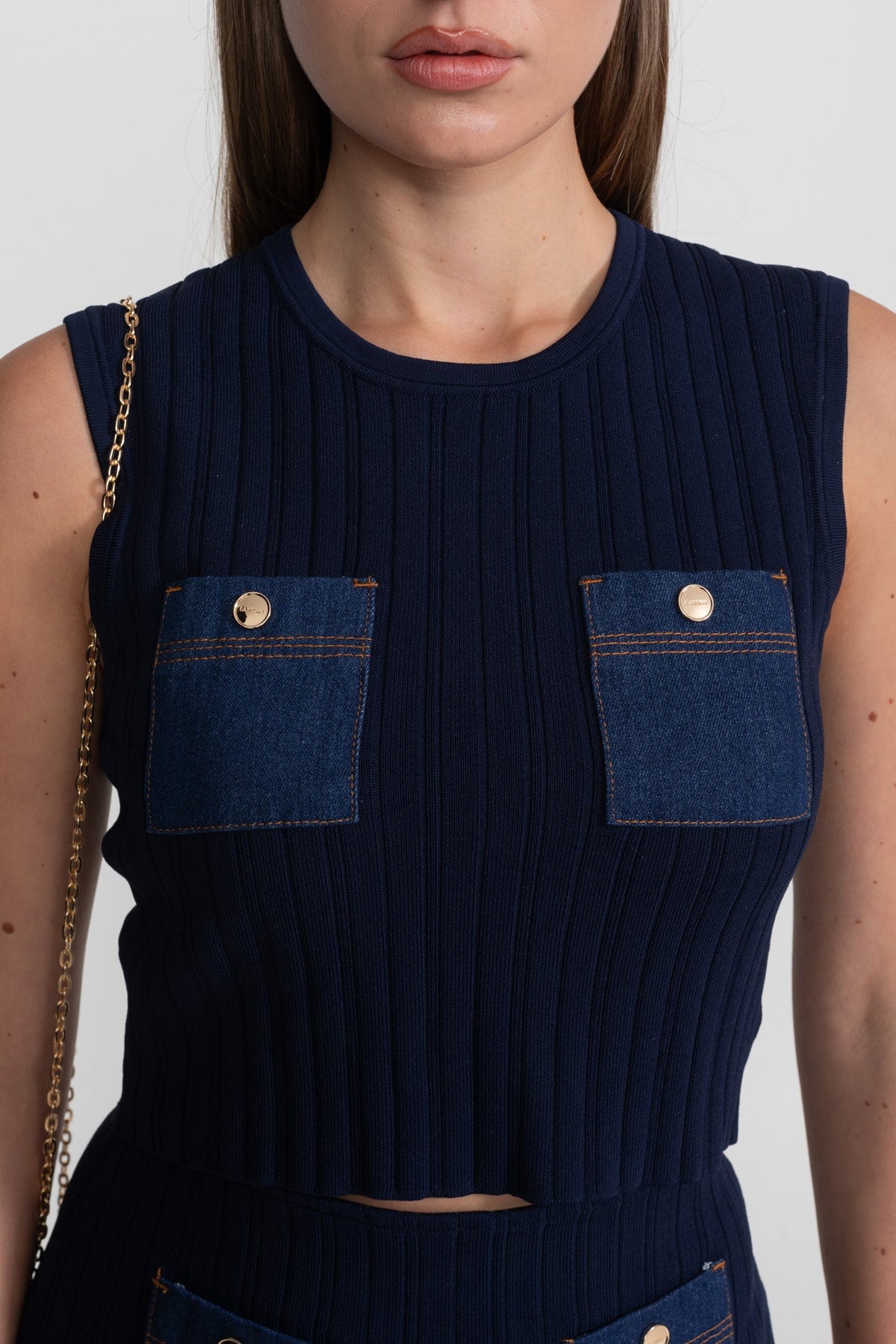 Ribbed Knit Crop Top and Mini Skirt Set with Denim Pockets – Dark Blue – view 6