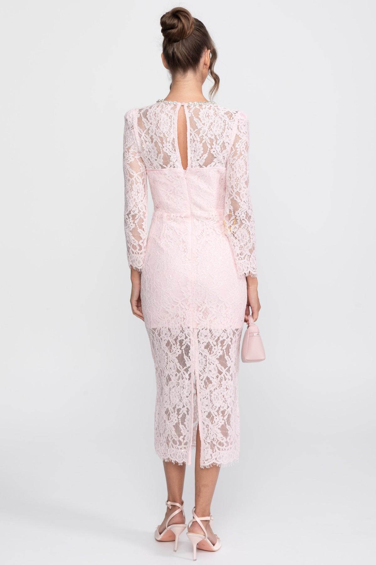 Lace Long Sleeve Midi Dress with Crystal Neckline and Matching Belt – Pink