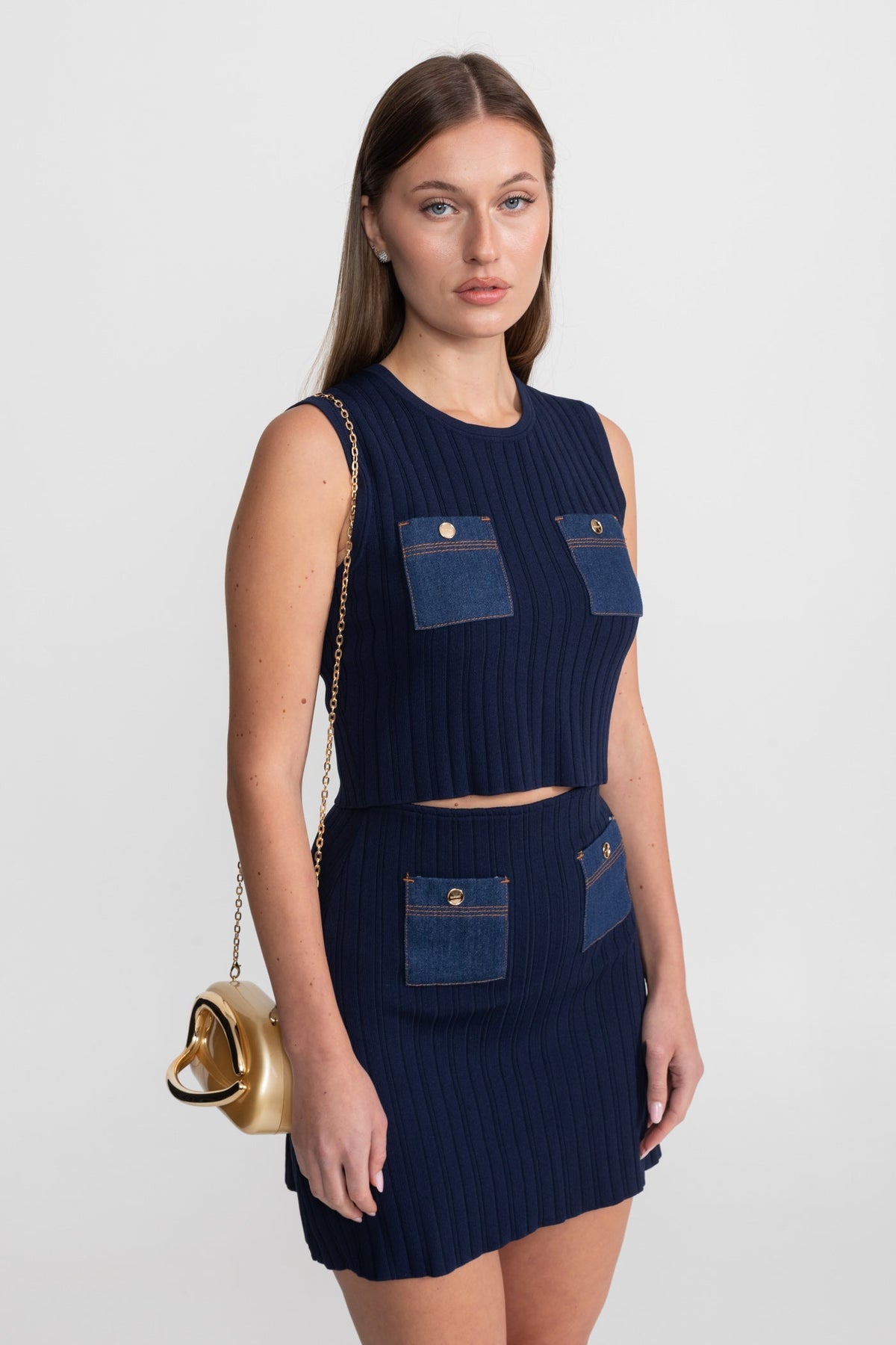 Ribbed Knit Crop Top and Mini Skirt Set with Denim Pockets – Dark Blue – view 2