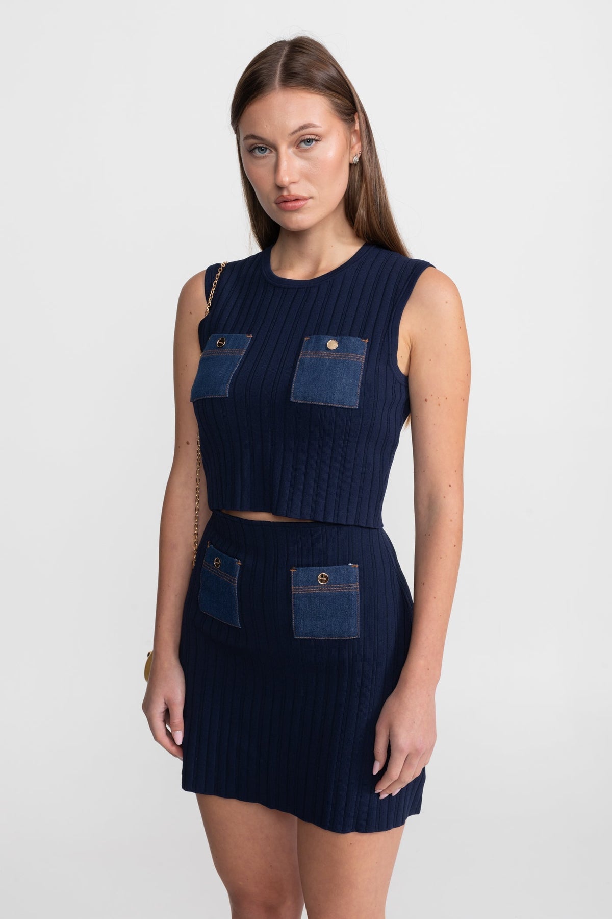 Ribbed Knit Crop Top and Mini Skirt Set with Denim Pockets – Dark Blue – view 4