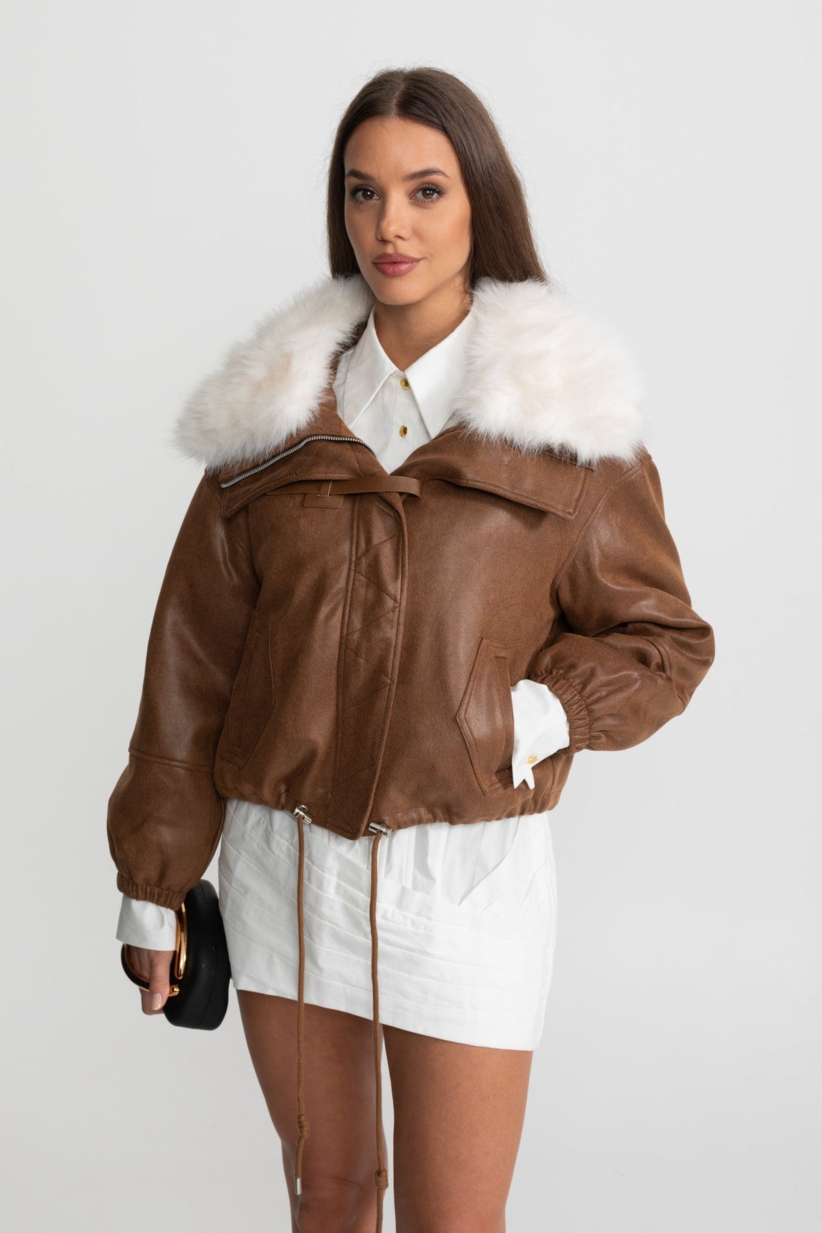 Cropped Suede Jacket with Faux Fur Lapel Collar – Brown – view 3