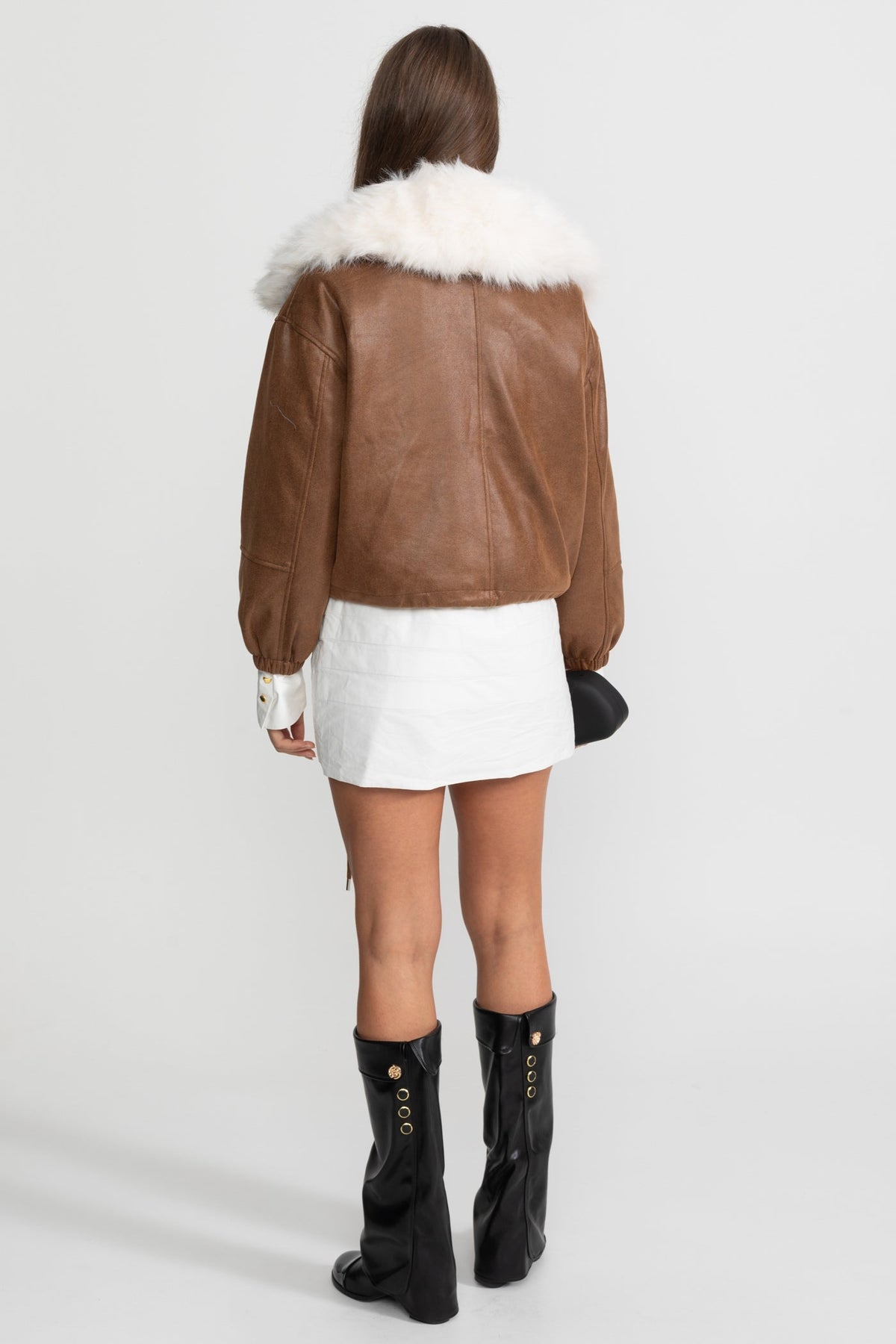Cropped Suede Jacket with Faux Fur Lapel Collar – Brown – view 5