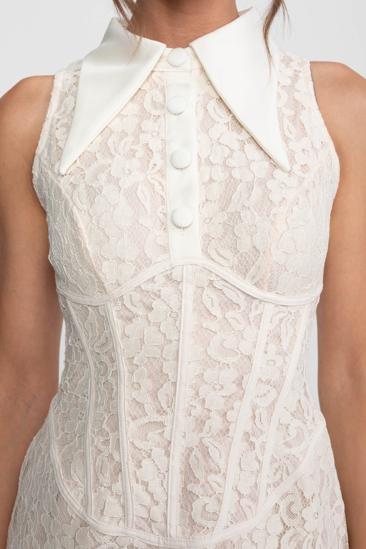 Lace Corset Collared Mini Dress with Button-Front Placket – Ivory – view 9