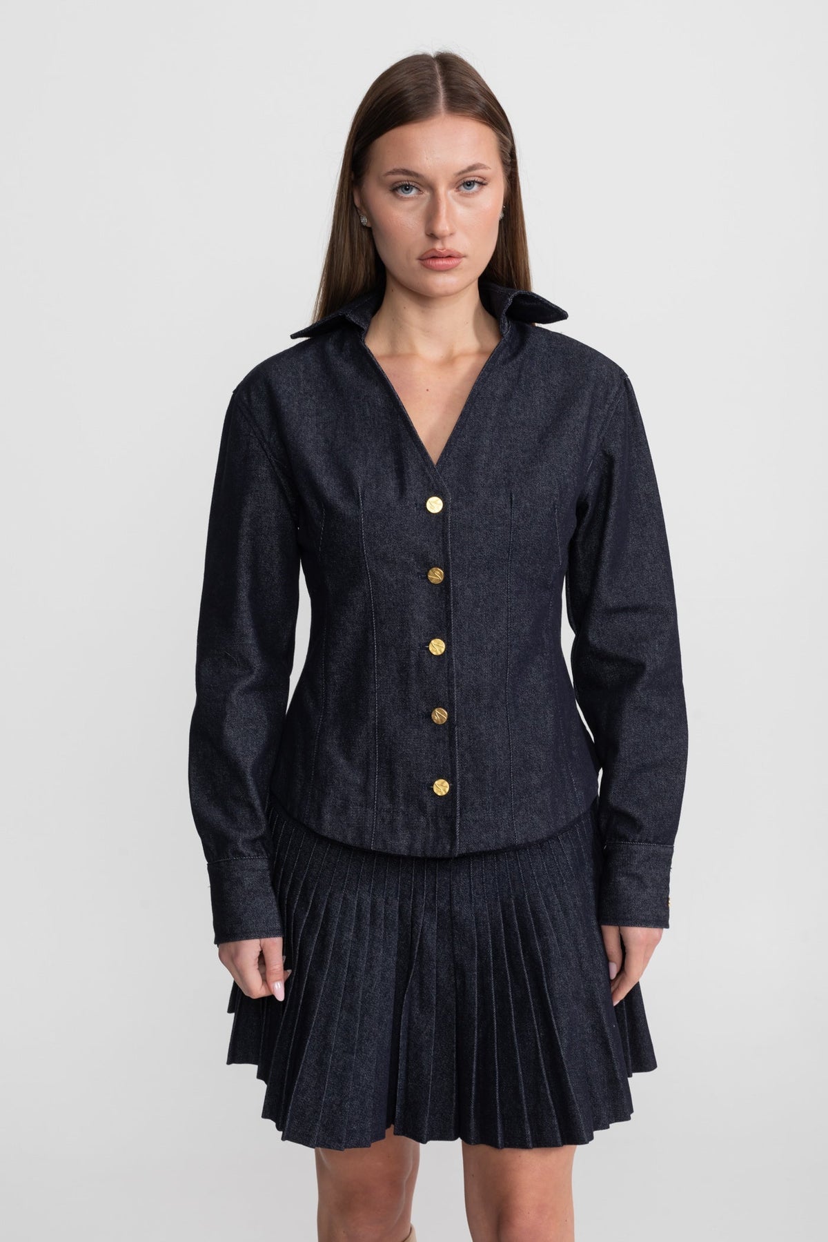 Structured Denim Shirt and Pleated Mini Skirt Set with Gold Buttons – Dark Blue – view 4