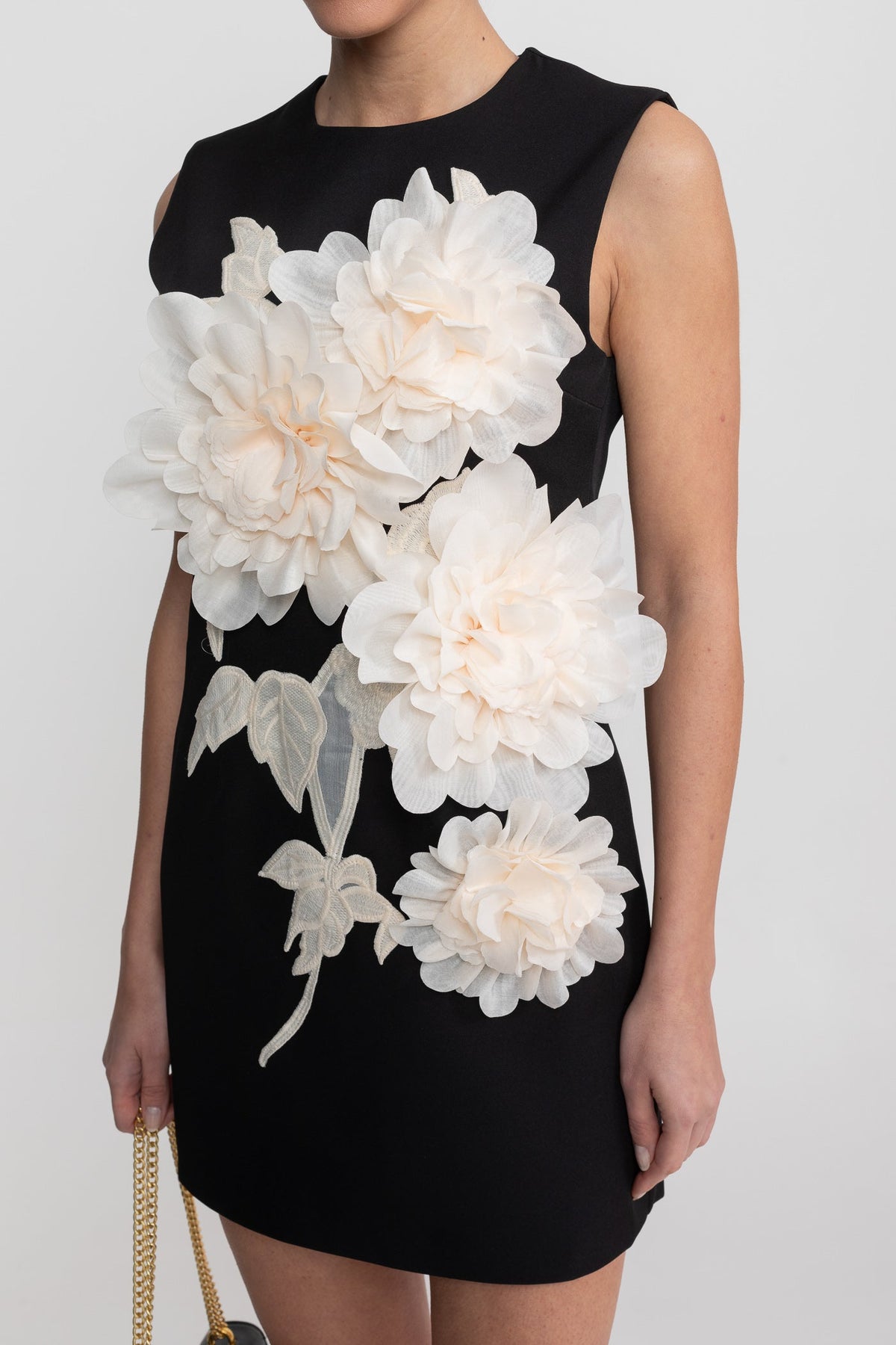 Round Neck 3D Floral Appliqué Mini Dress with Wide Straps – Black