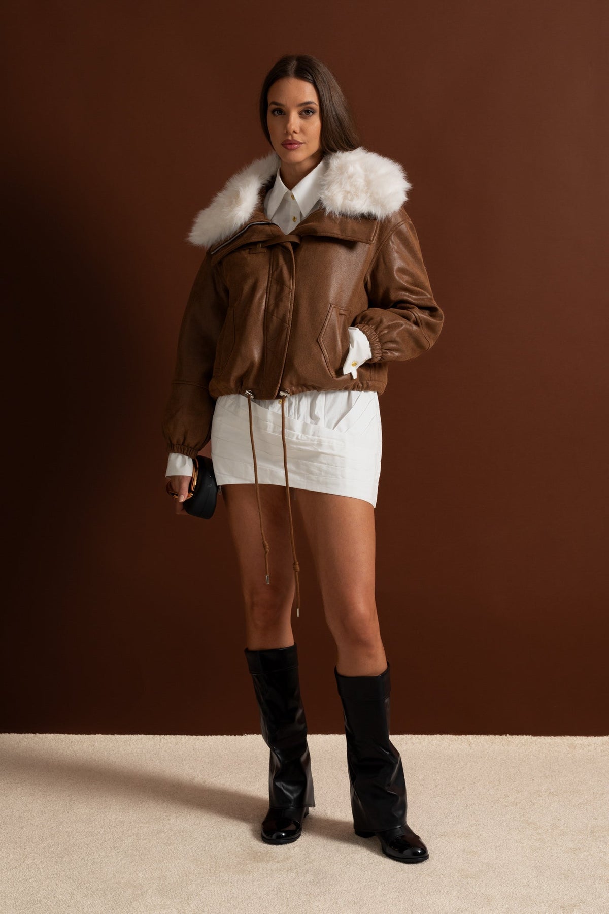 Cropped Suede Jacket with Faux Fur Lapel Collar – Brown – view 4