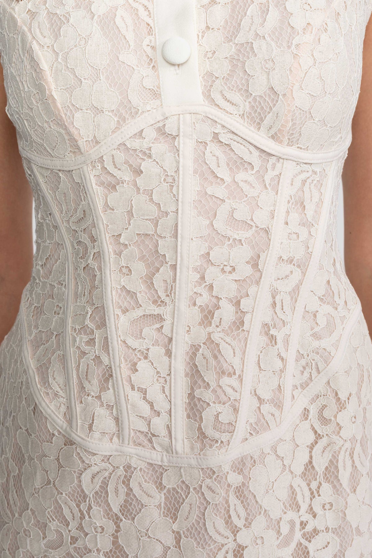 Lace Corset Collared Mini Dress with Button-Front Placket – Ivory – view 11