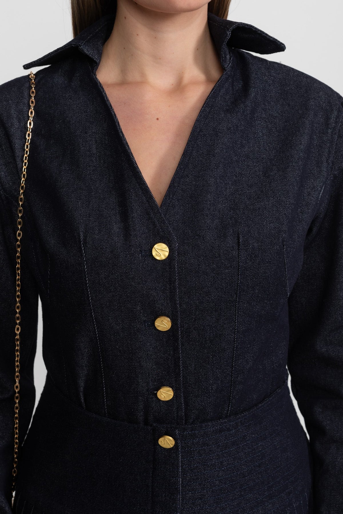 Structured Denim Shirt and Pleated Mini Skirt Set with Gold Buttons – Dark Blue – view 5