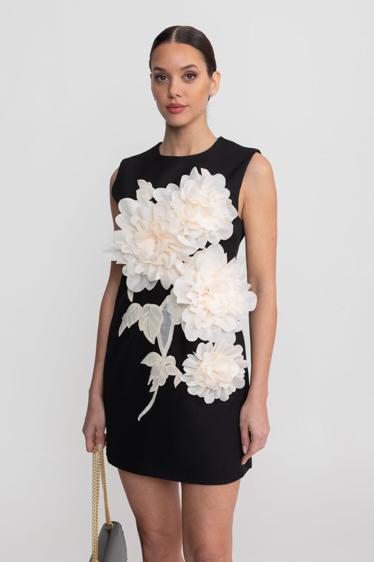 Round Neck 3D Floral Appliqué Mini Dress with Wide Straps – Black – view 8