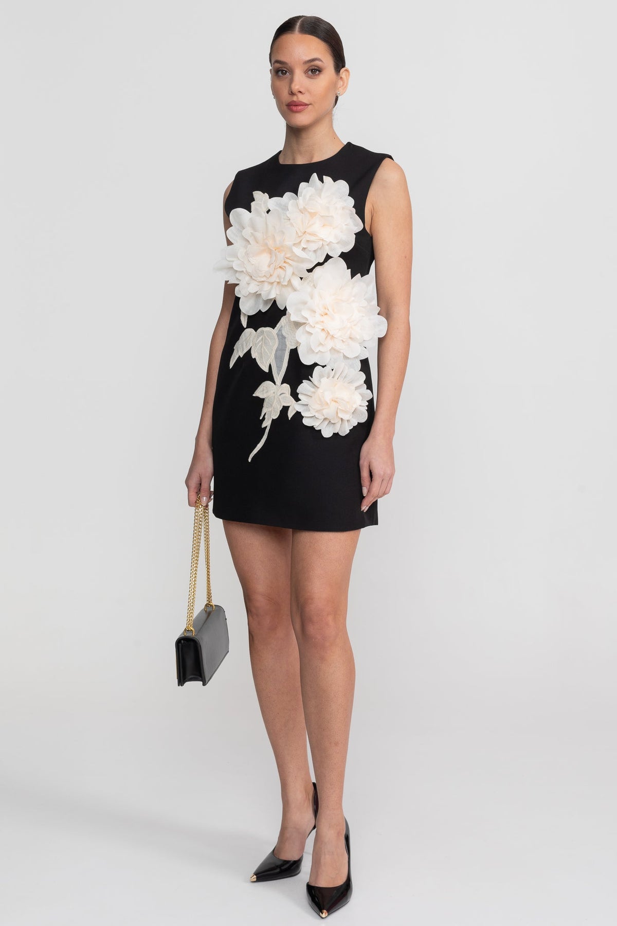 Round Neck 3D Floral Appliqué Mini Dress with Wide Straps – Black – view 9