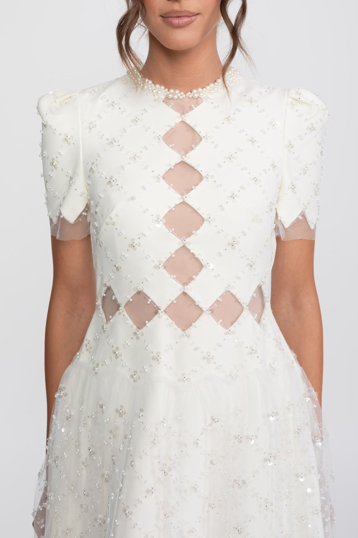 Pearl Trim Beaded Midi Dress with Diamond Mesh Cut-Outs – White – view 5