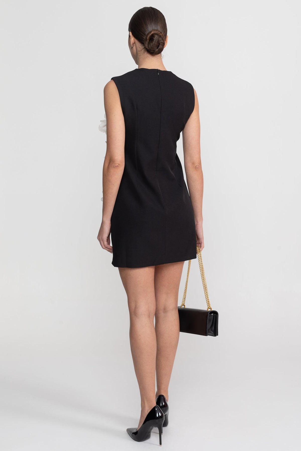 Round Neck 3D Floral Appliqué Mini Dress with Wide Straps – Black