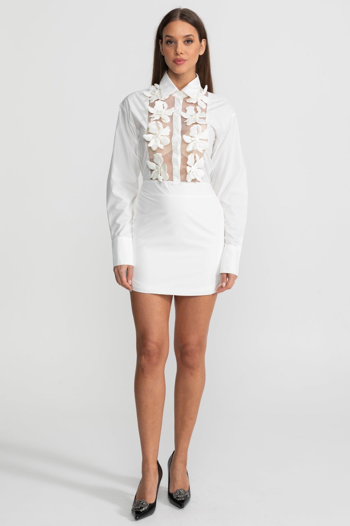 Long Sleeve Mini Shirt Dress with Sheer 3D Floral Appliqué Panel – White – view 3