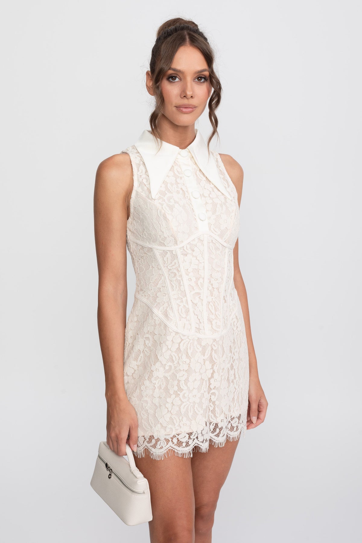 Lace Corset Collared Mini Dress with Button-Front Placket – Ivory – view 5
