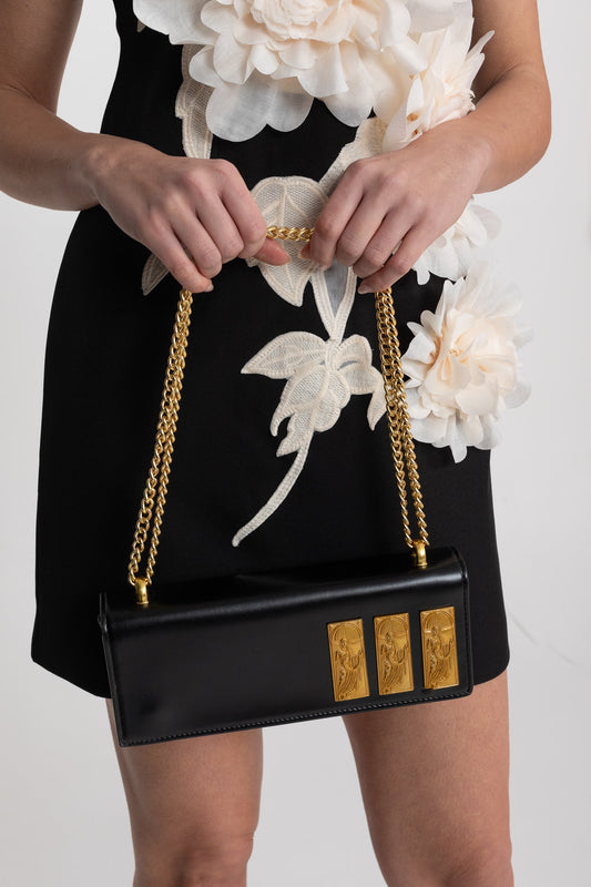 Structured Chain Shoulder Bag with Gold Embossed Plaques – Black