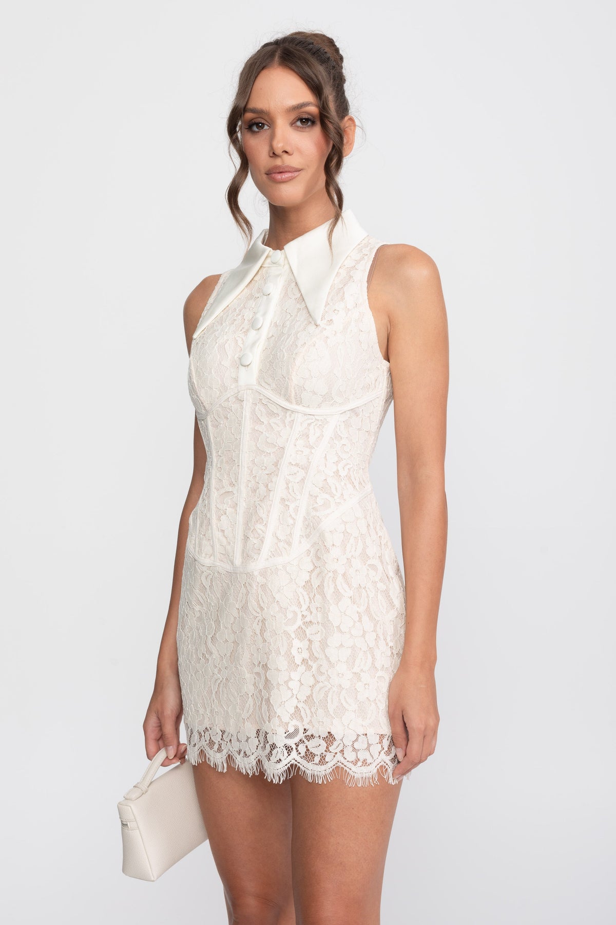 Lace Corset Collared Mini Dress with Button-Front Placket – Ivory – view 6