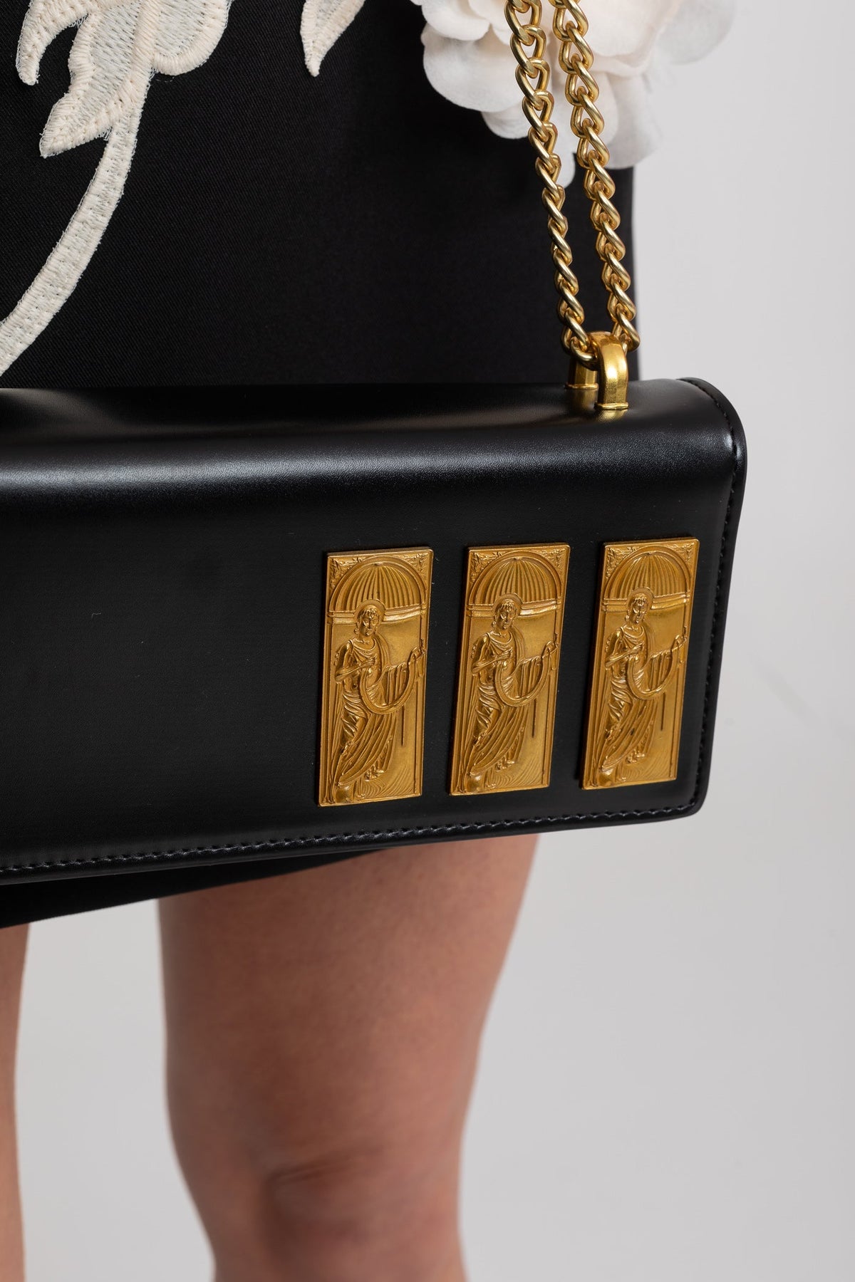 Structured Chain Shoulder Bag with Gold Embossed Plaques – Black – view 3