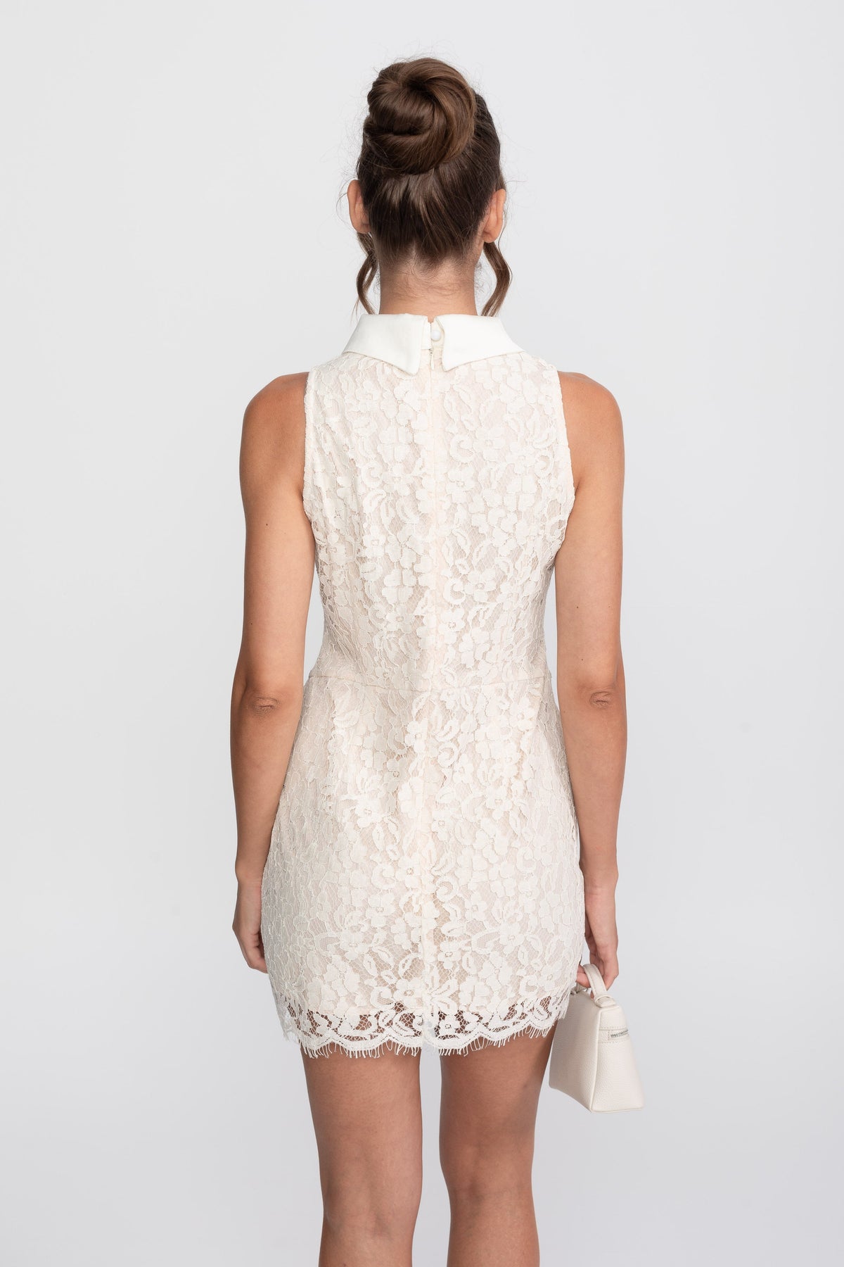 Lace Corset Collared Mini Dress with Button-Front Placket – Ivory – view 12