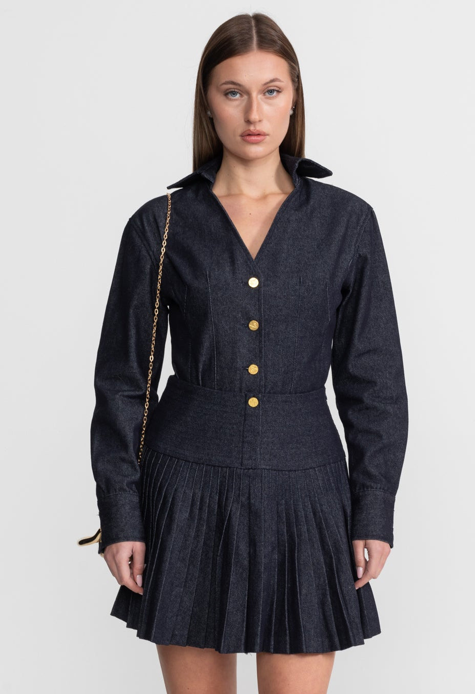 Structured Denim Shirt and Pleated Mini Skirt Set with Gold Buttons – Dark Blue