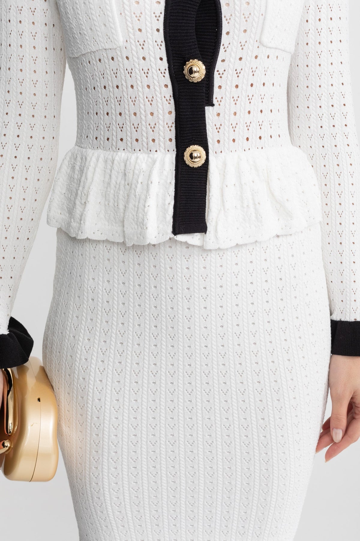 Pointelle Knit Peplum Top and Midi Skirt Set with Contrast Trim – White – view 3