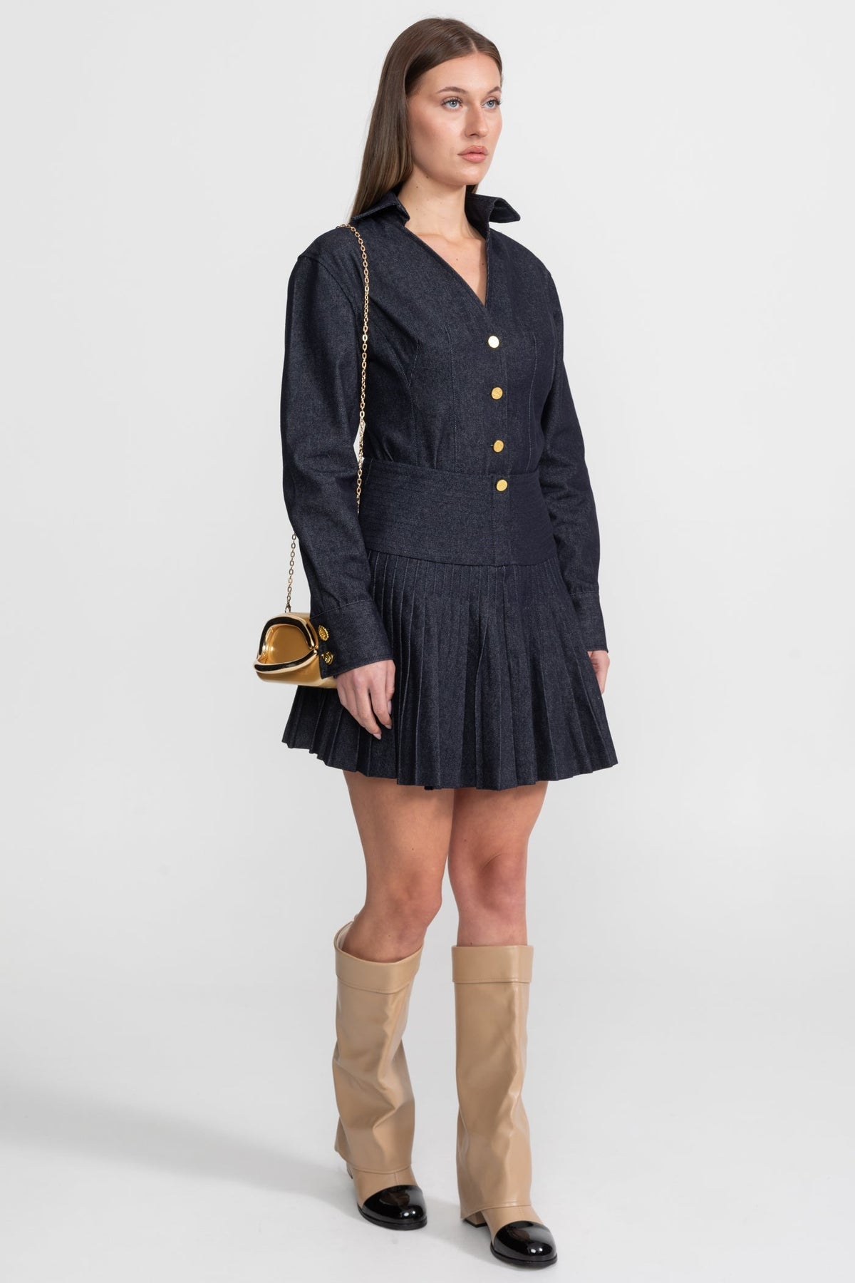 Structured Denim Shirt and Pleated Mini Skirt Set with Gold Buttons – Dark Blue – view 7