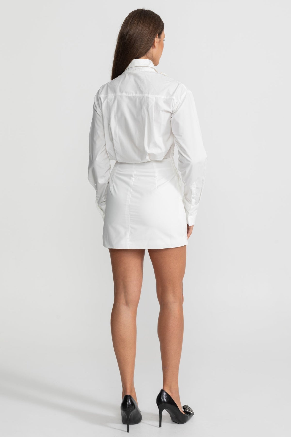 Long Sleeve Mini Shirt Dress with Sheer 3D Floral Appliqué Panel – White – view 6