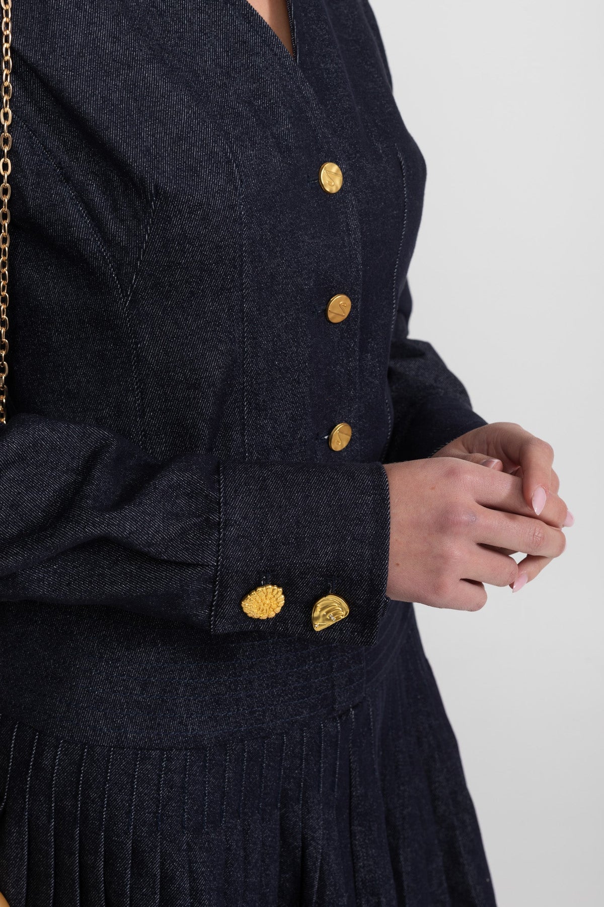 Structured Denim Shirt and Pleated Mini Skirt Set with Gold Buttons – Dark Blue – view 8