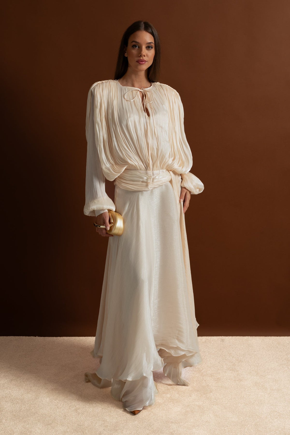 Pleated Bodice Tie Neck Maxi Dress with Draped Skirt – Ivory
