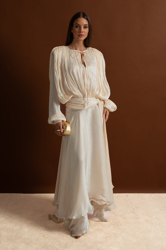 Pleated Bodice Tie Neck Maxi Dress with Draped Skirt – Ivory