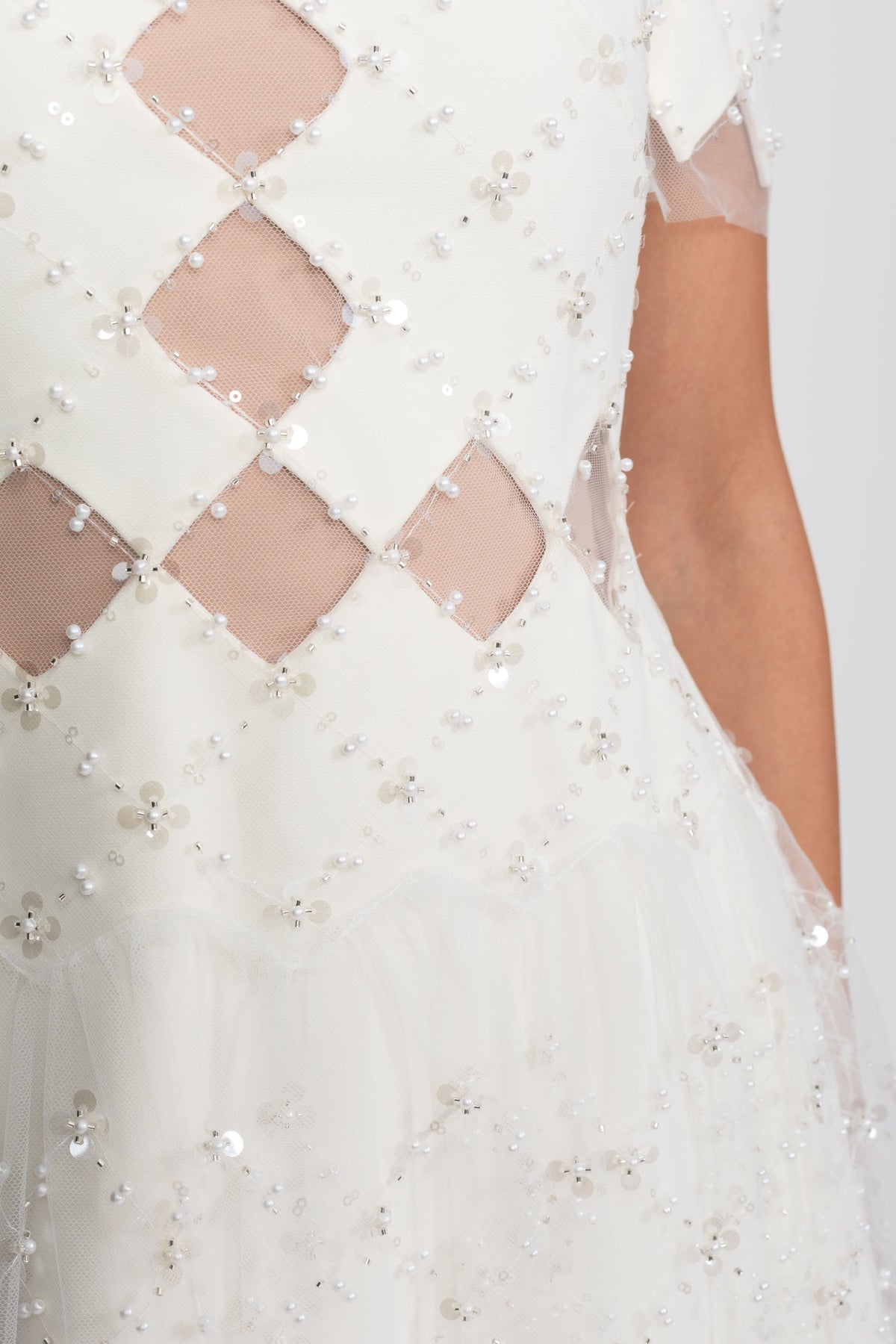 Pearl Trim Beaded Midi Dress with Diamond Mesh Cut-Outs – White – view 6