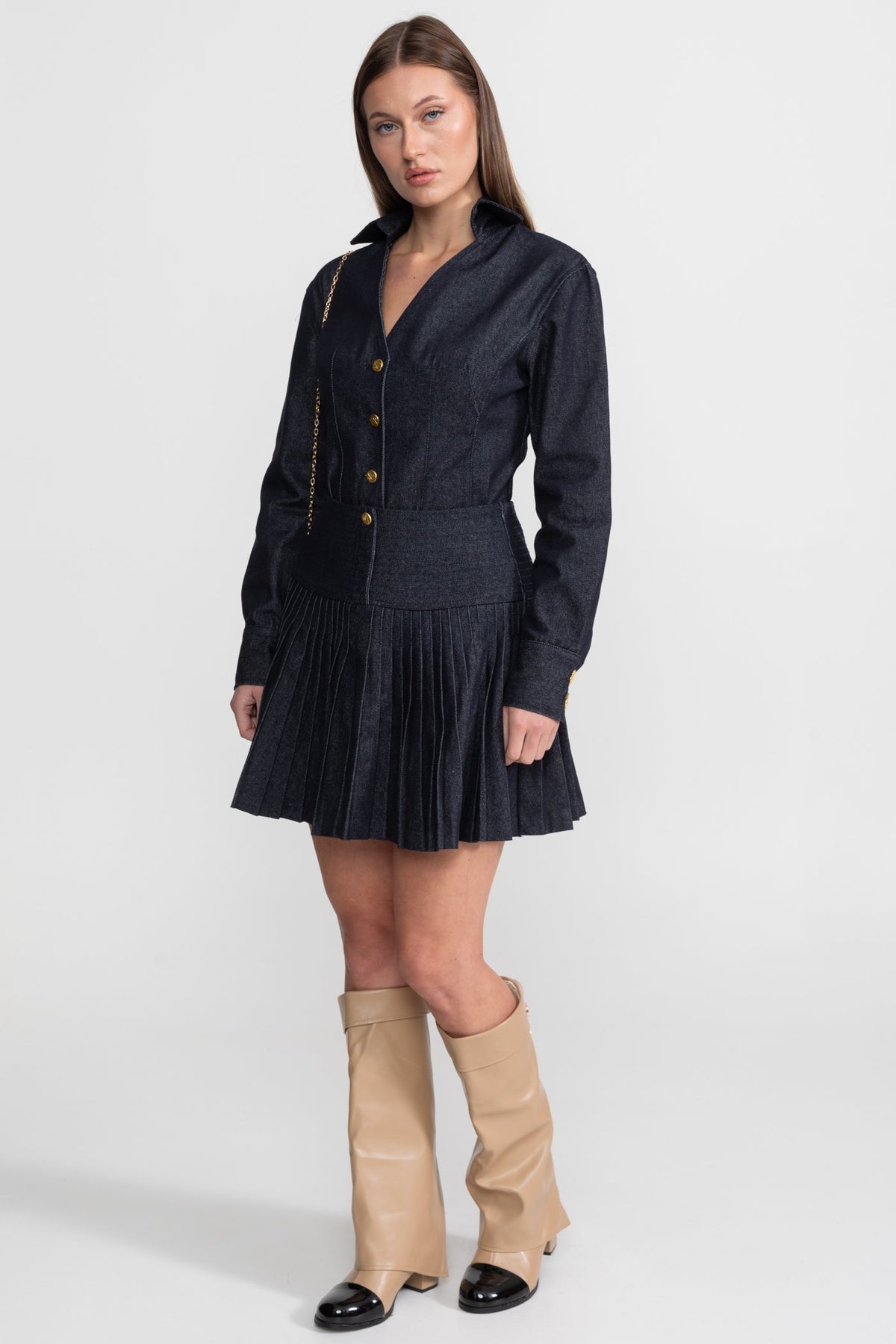 Structured Denim Shirt and Pleated Mini Skirt Set with Gold Buttons – Dark Blue – view 9