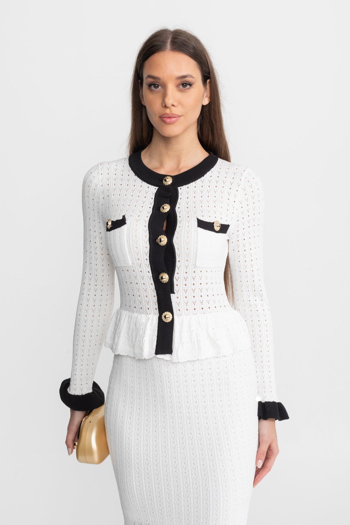Pointelle Knit Peplum Top and Midi Skirt Set with Contrast Trim – White – view 6