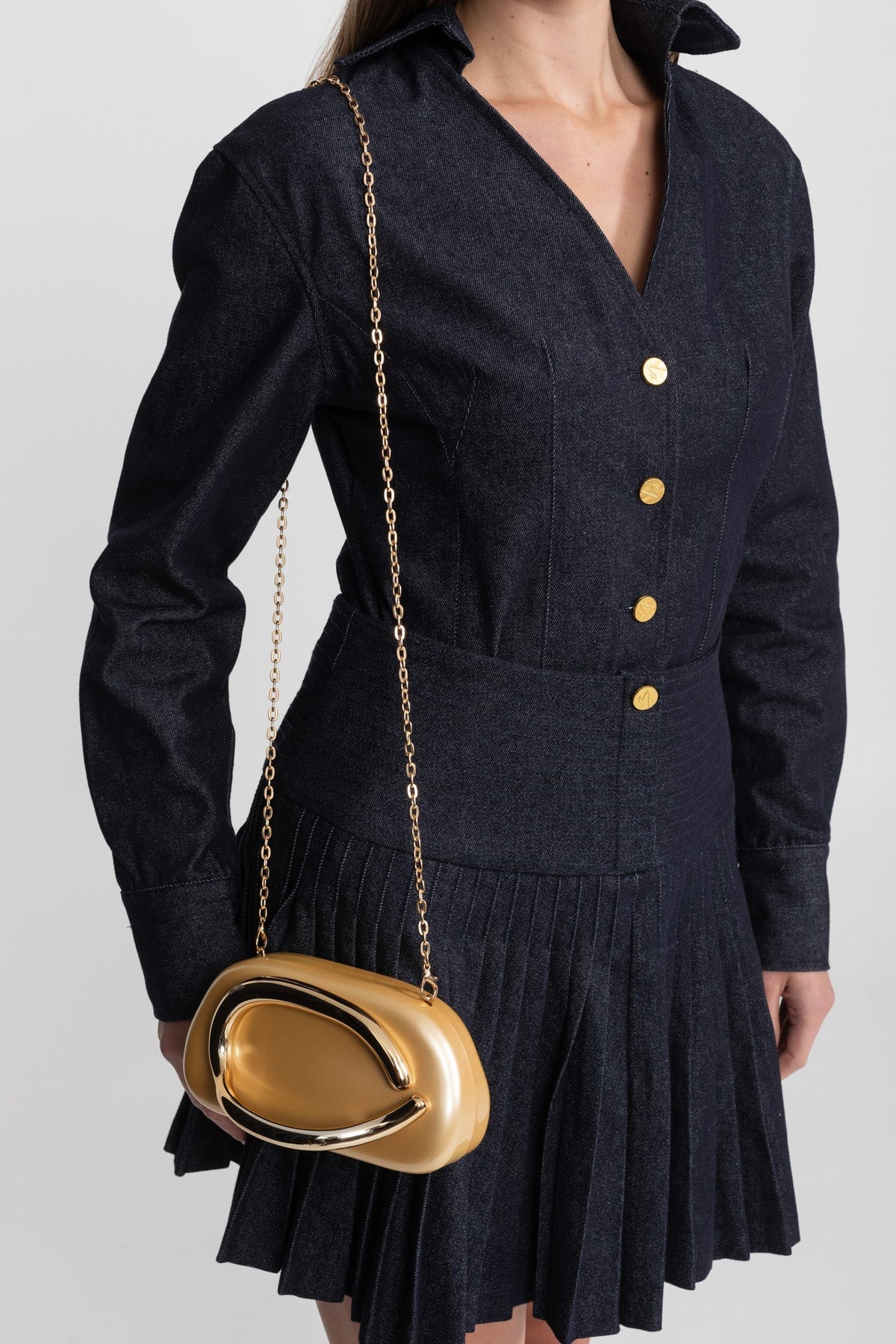 Structured Denim Shirt and Pleated Mini Skirt Set with Gold Buttons – Dark Blue – view 3