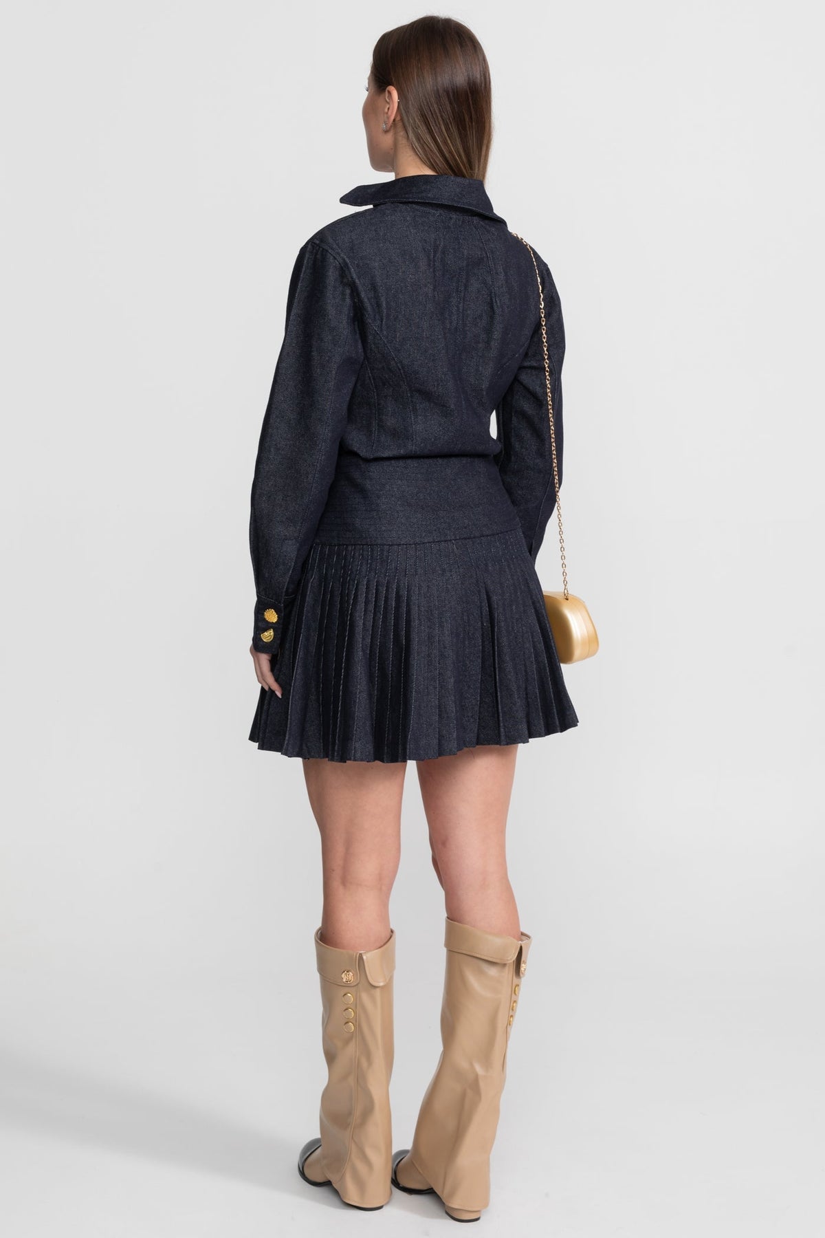 Structured Denim Shirt and Pleated Mini Skirt Set with Gold Buttons – Dark Blue – view 10