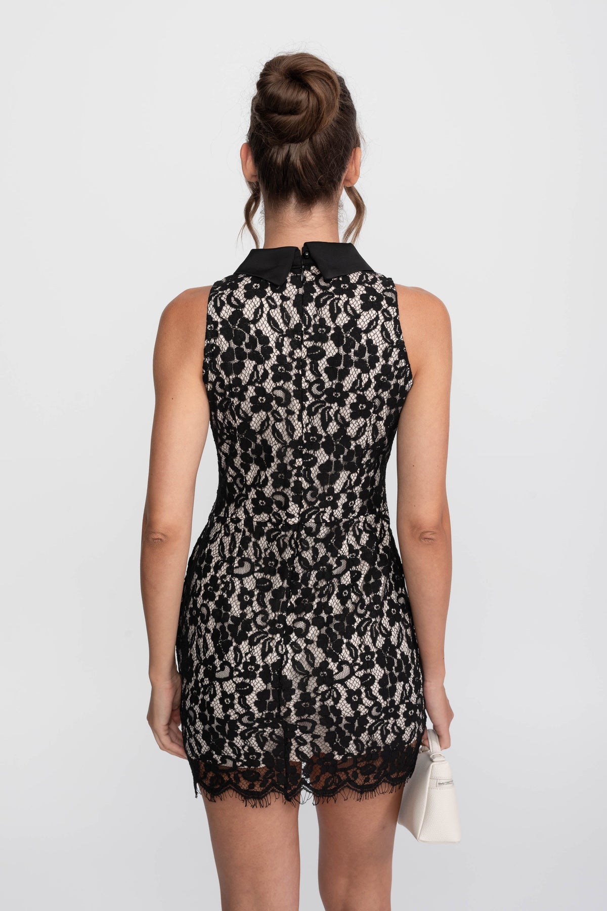 Lace Corset Collared Mini Dress with Button-Front Placket – Black
