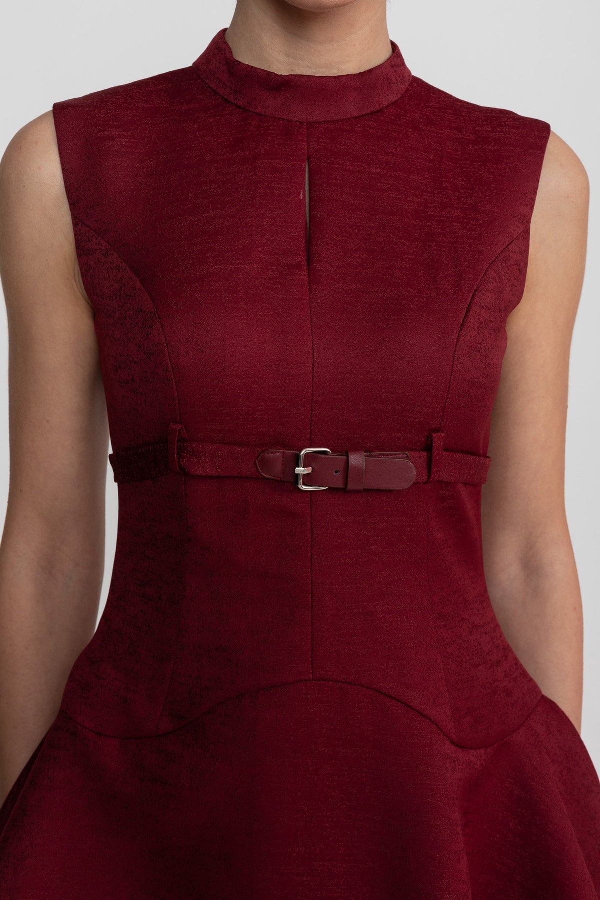 Velour-Effect High Neck Belted Fit and Flare Mini Dress – Burgundy – view 9