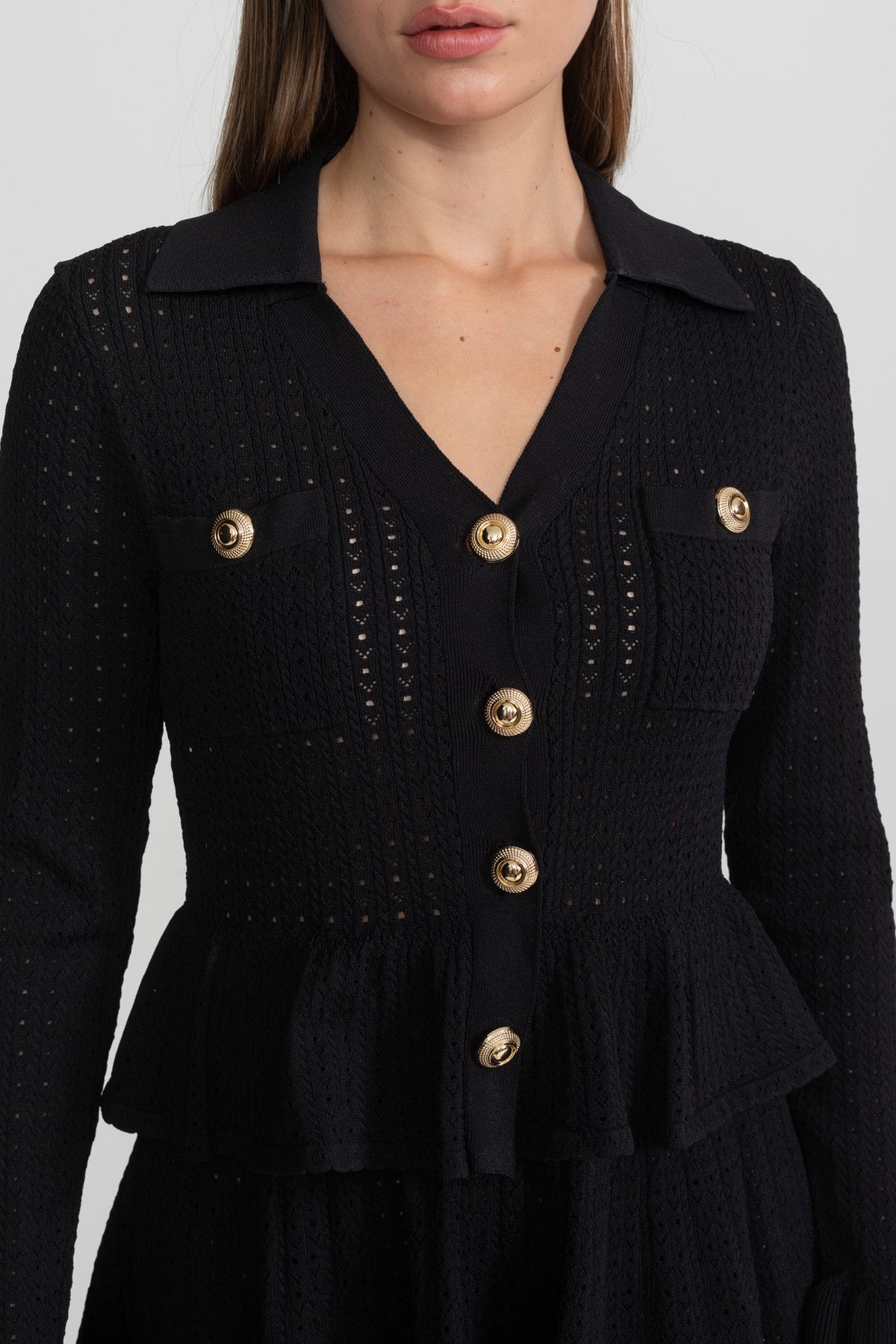 Collared Knit Mini Dress with Peplum Waist and Gold Buttons – Black – view 5