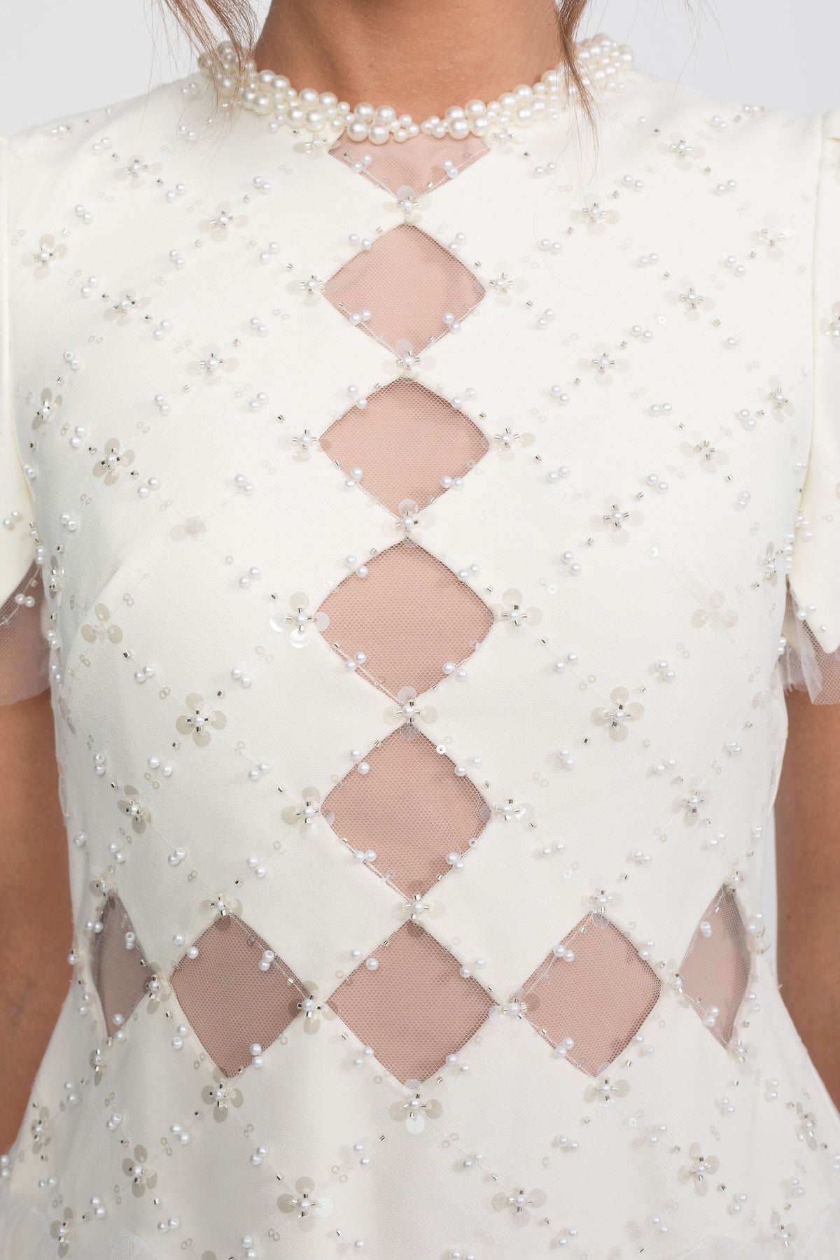 Pearl Trim Beaded Midi Dress with Diamond Mesh Cut-Outs – White – view 7