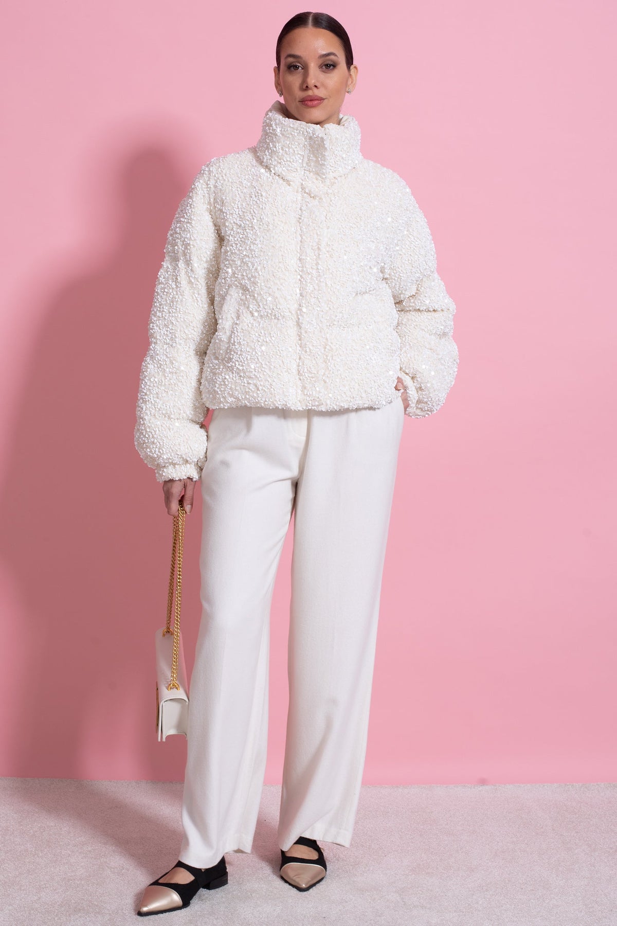 Cropped Sequin Puffer Jacket with High Stand Collar – White – view 14
