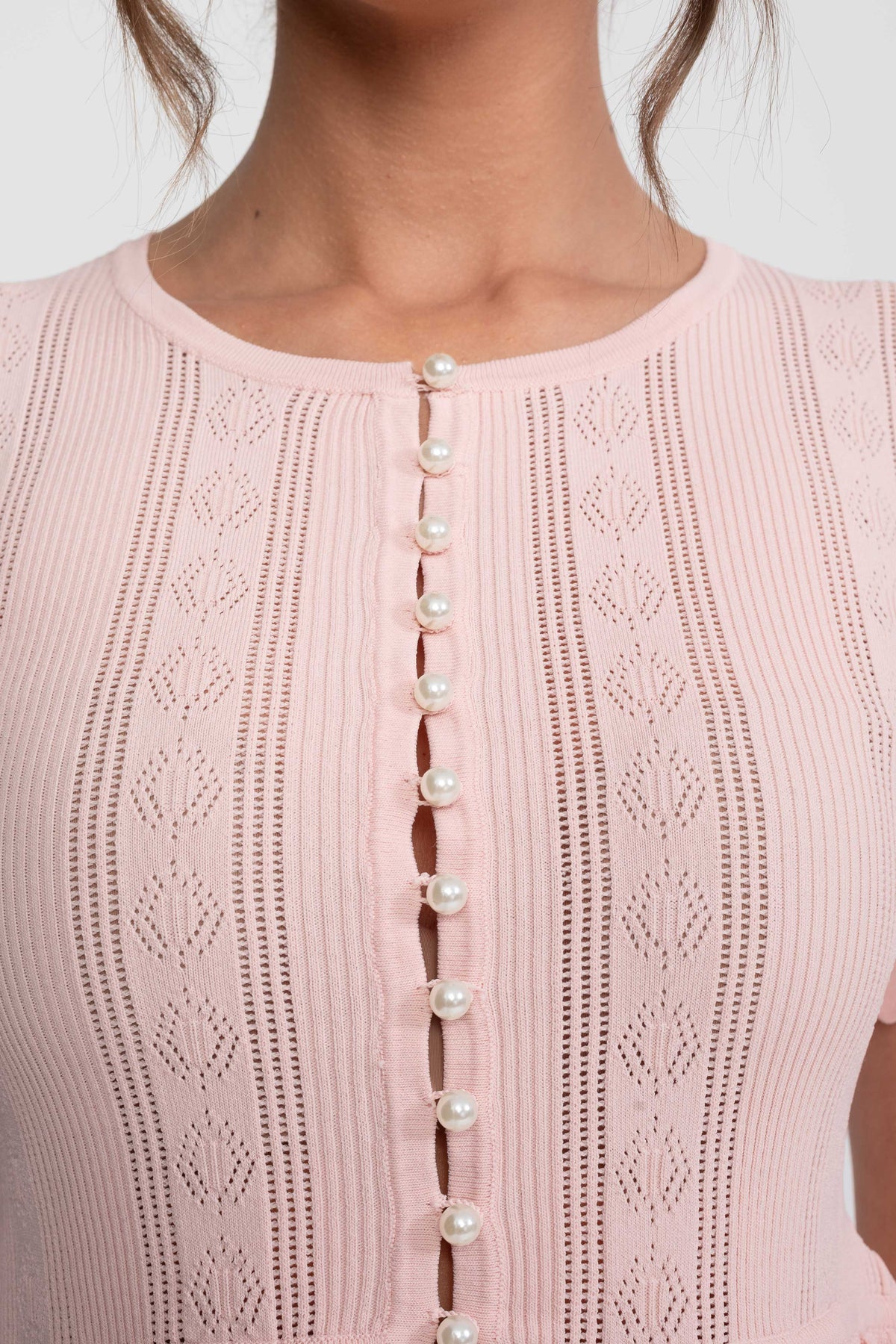 Ruffled Waist Knit Top and Maxi Skirt Set with Pearl Buttons – Pink – view 7