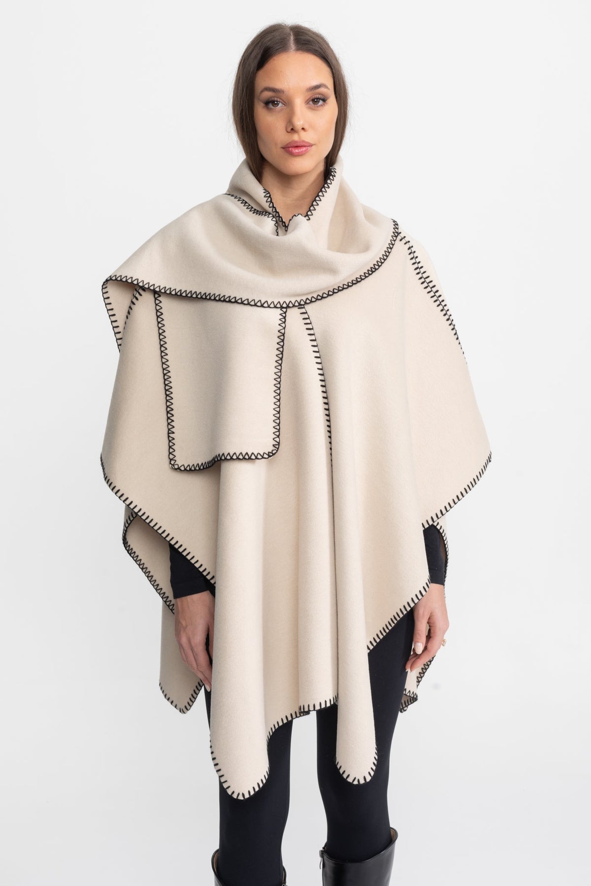 Wool Blend Poncho with Contrast Whipstitch Edging – Ivory – view 5