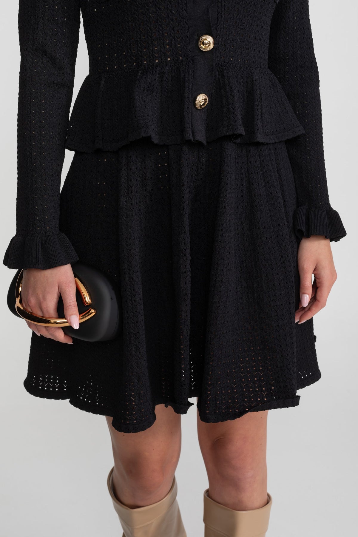 Collared Knit Mini Dress with Peplum Waist and Gold Buttons – Black – view 7