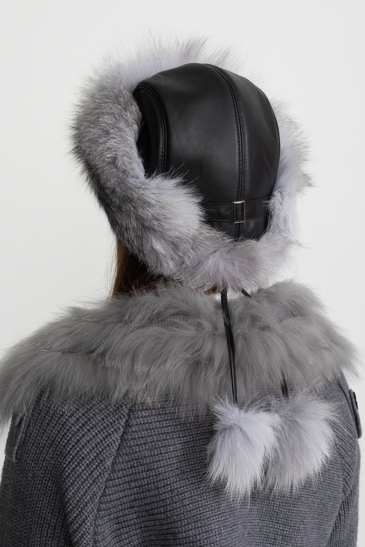 Vegan Leather Hat with Plush Trim and Pom-Pom Ties – Grey – view 2