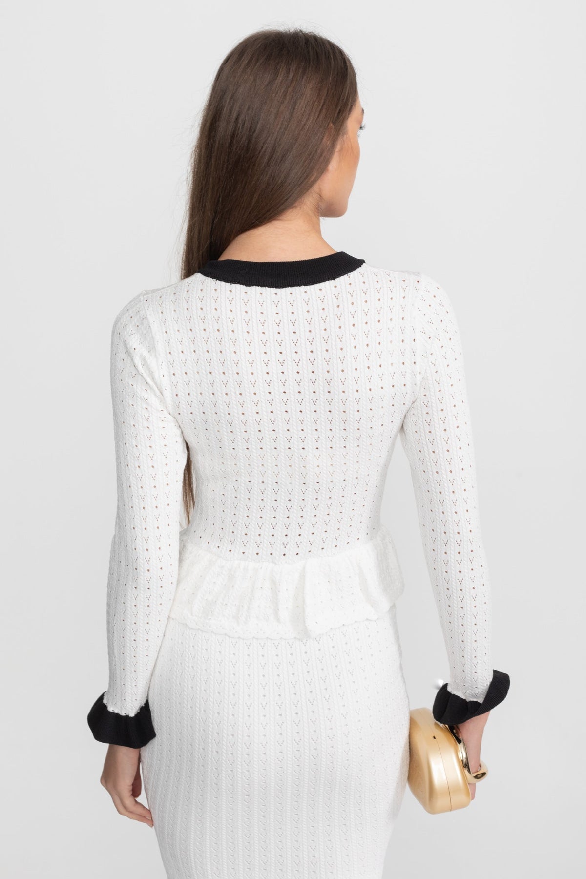 Pointelle Knit Peplum Top and Midi Skirt Set with Contrast Trim – White – view 7