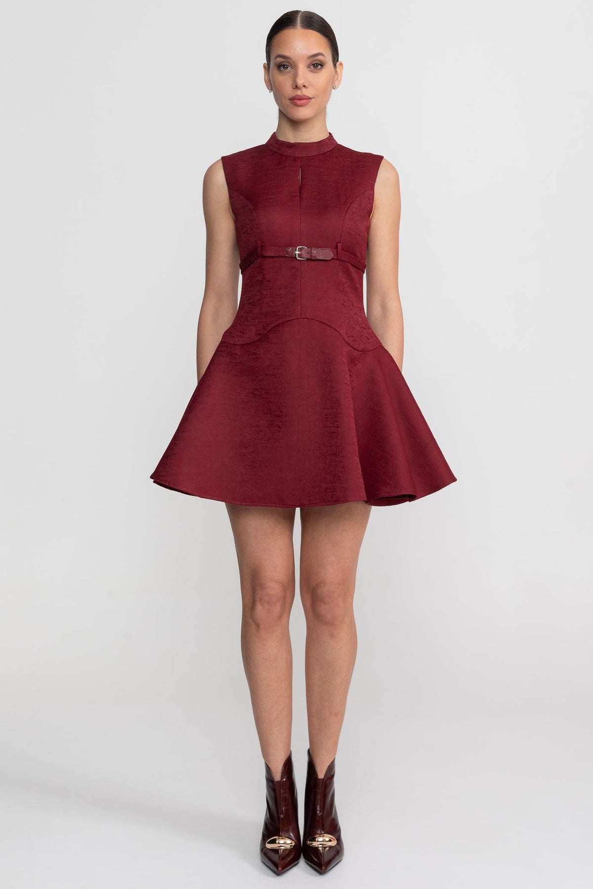 Velour-Effect High Neck Belted Fit and Flare Mini Dress – Burgundy – view 4