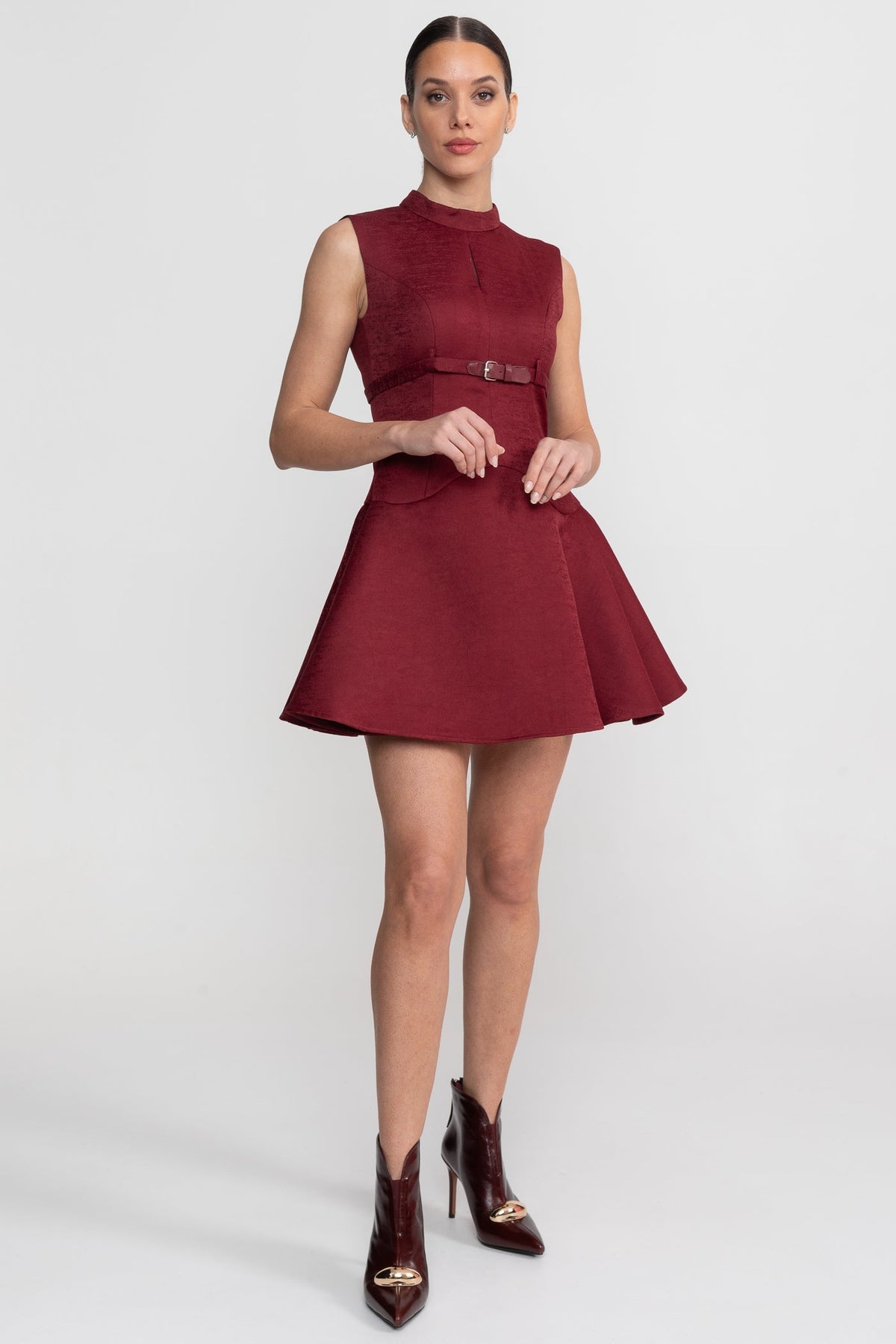Velour-Effect High Neck Belted Fit and Flare Mini Dress – Burgundy